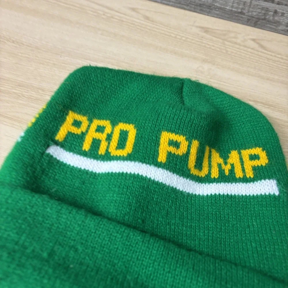 Vintage Pro Pump Hat Beanie Fitted Mens Large Green Cuffed Knit Advertising‎ 90s